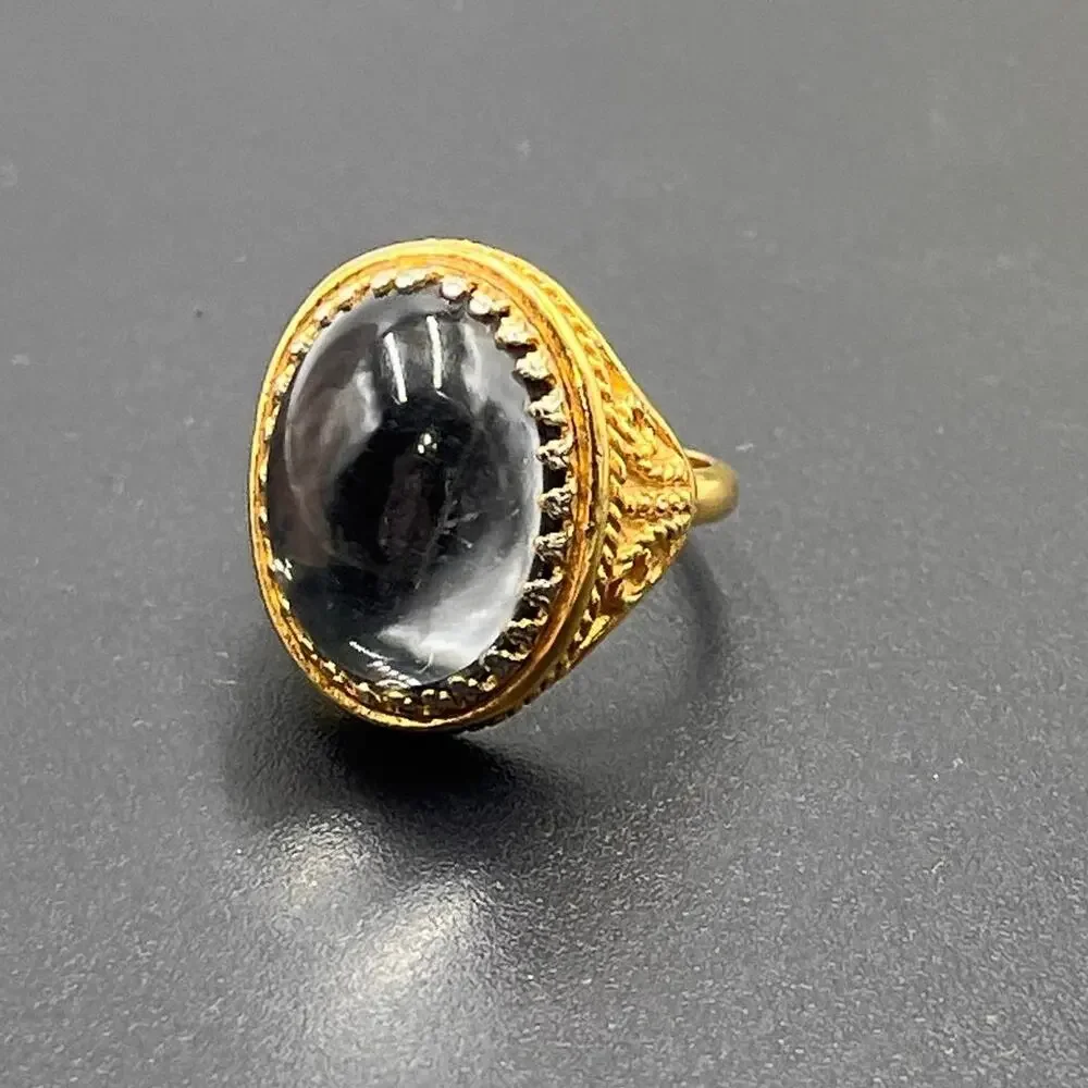 D'Orlan Style Vintage Gray Glass‎ Domed Cabochon Cocktail Ring Gold Plated Sz 7